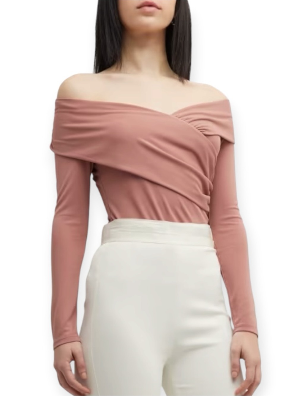 Neiman Marcus Donna Karan Dusty Rose Off-Shoulder Wrap Long Sleeve Top Size XL